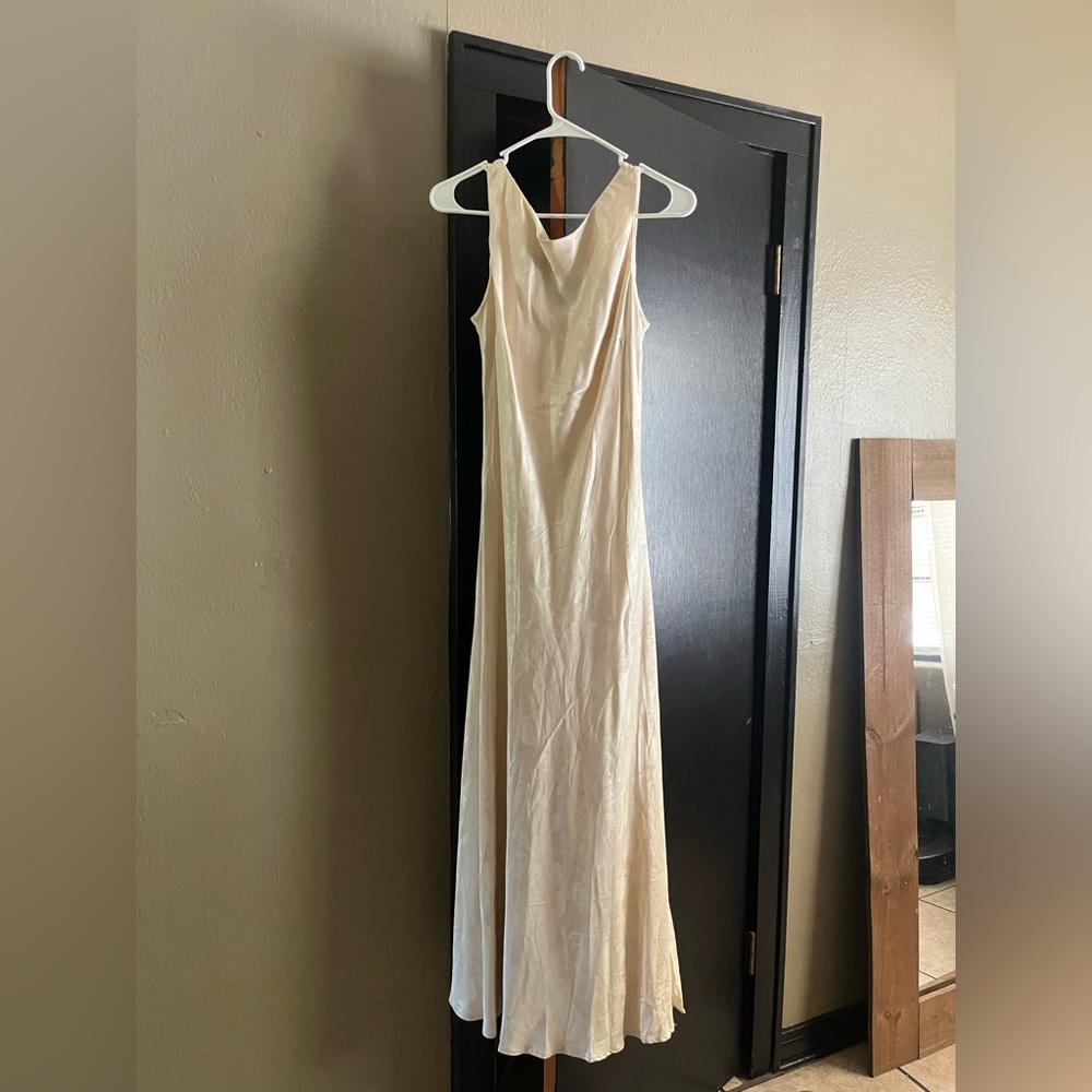 Vintage Ivory Satin Floral Dress with Tie